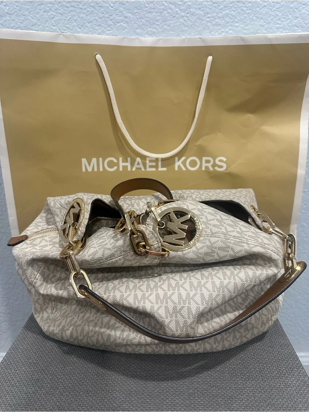 Michael Kors Light Gray Faux Fur Knit Earmuffs with Logo Accent